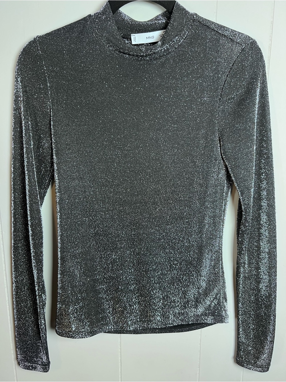 MNG Mango Black Silver Metallic Shimmer Long-Sleeve Top Semi sheer